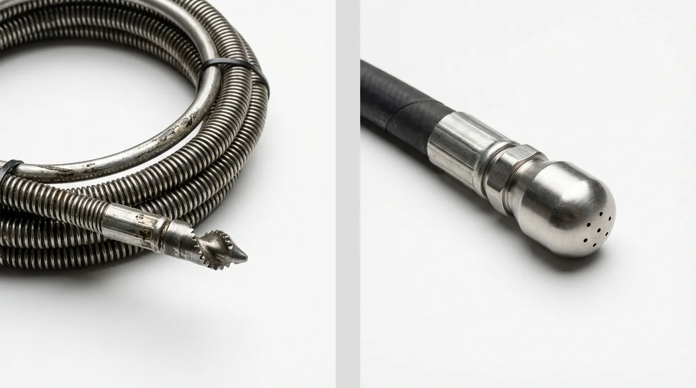 Drain snake cable and hydro jetting nozzle used for drain cleaning in Austin, TX