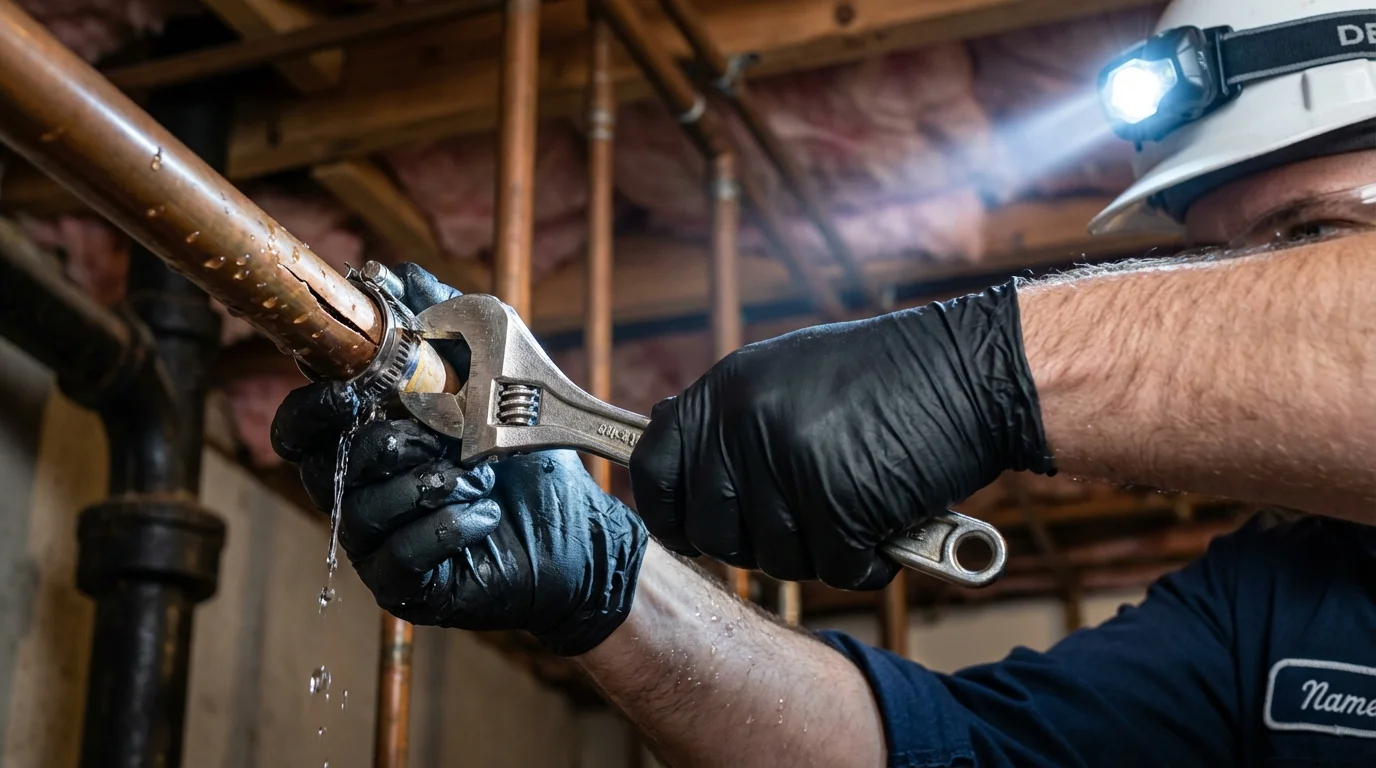 Emergency pipe clamp repair being performed by a Johns Plumbing LLC plumber in Austin
