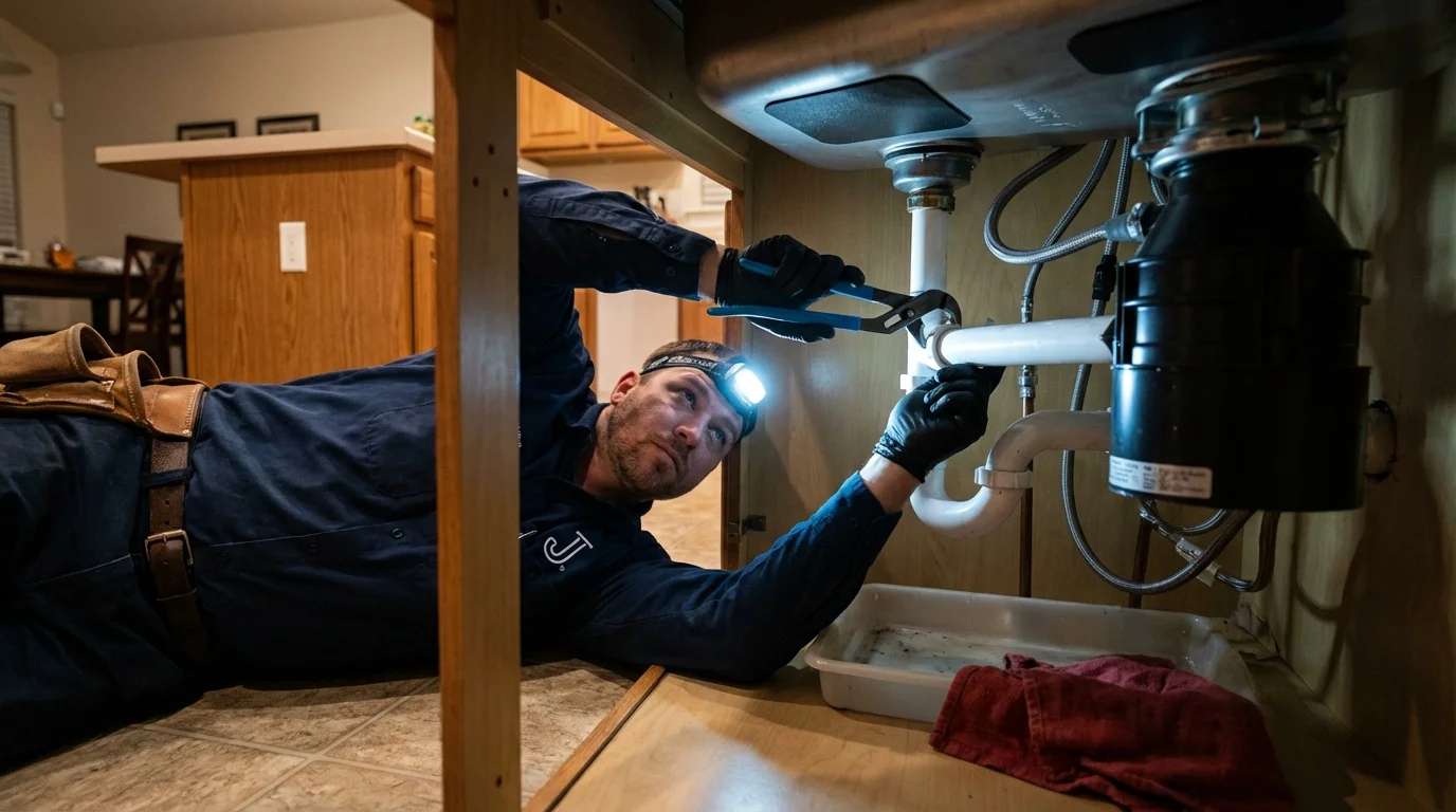 P-trap and supply line connections under a kitchen sink showing a common leak point in Austin, TX